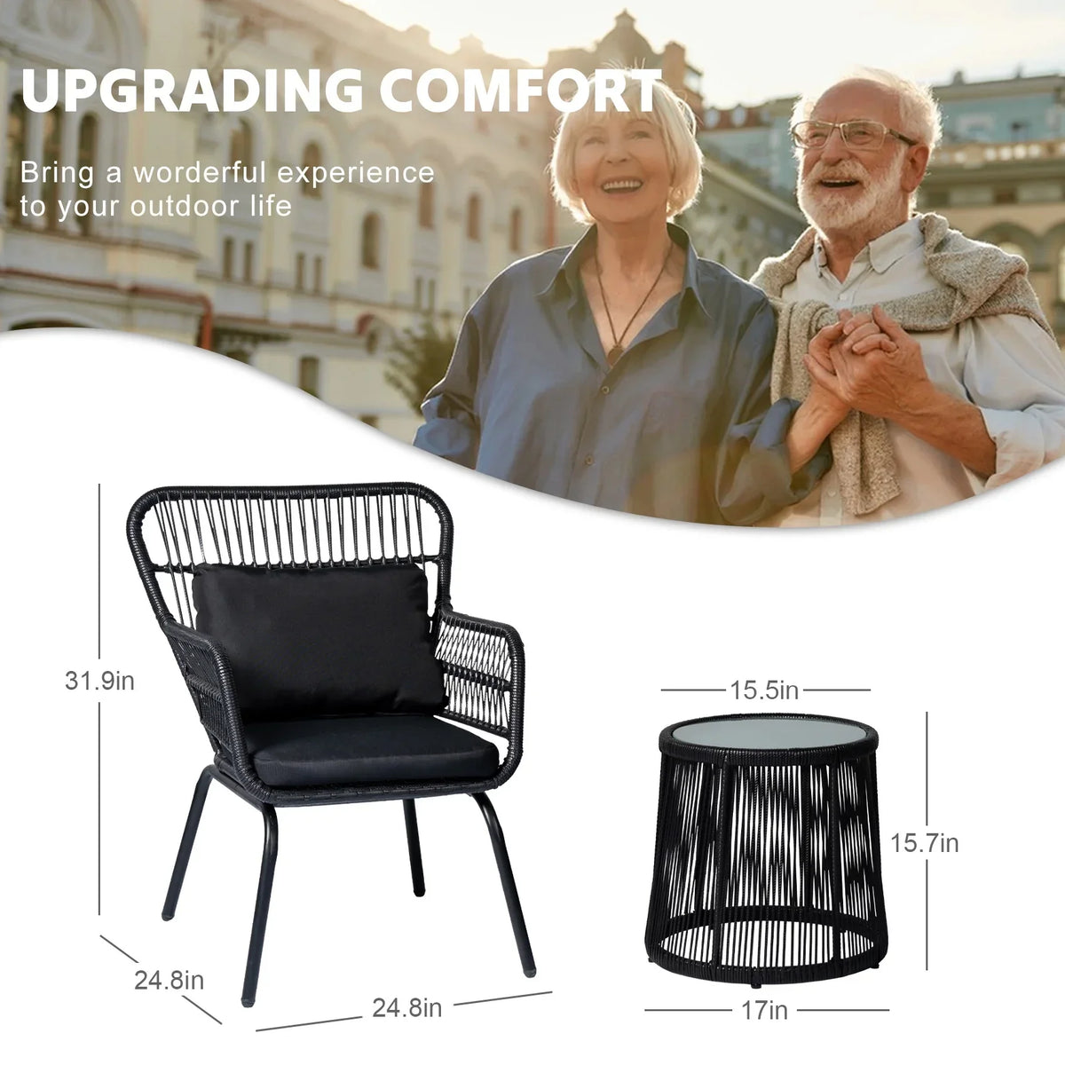 Nouveauté 2026 – Ensemble bistro de conversation 3 pièces Tappio pour patio, mobilier de jardin en rotin, table basse en verre et coussins, jaune/beige, idéal pour le jardin, le balcon, la terrasse ou la piscine