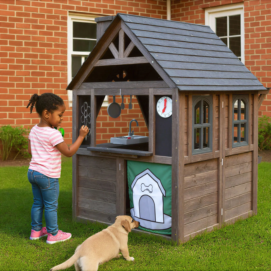 Nouveauté 2026 – Maisonnette d'extérieur COCLUB pour enfants de 4 à 8 ans, en bois, avec sonnette, téléphone et jouets de cuisine. Dimensions : 114 cm (L) x 165 cm (H). Couleurs : blanc et noir
