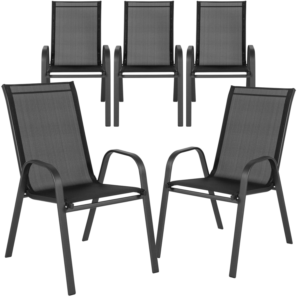 Nouveauté 2026 – Lot de 5 chaises empilables d'extérieur BizChair noires , revêtement Flex Comfort et structure en métal