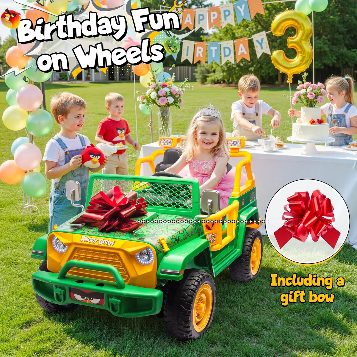Nouveauté 2026 – Joyracer , véhicule électrique 24 volts pour enfants de 3 à 8 ans, sous licence Angry Birds, avec télécommande, pelle, Bluetooth, phares et roues motorisées. Convient aux enfants jusqu'à 60 kg (130 lbs). Couleur verte