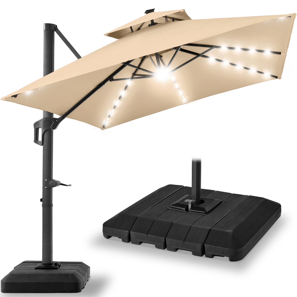 Nouveauté 2026 – Parasol de terrasse carré déporté à deux niveaux, 3 x 3 m, à éclairage solaire LED, avec base incluse (Best Choice Products, ) - Beige