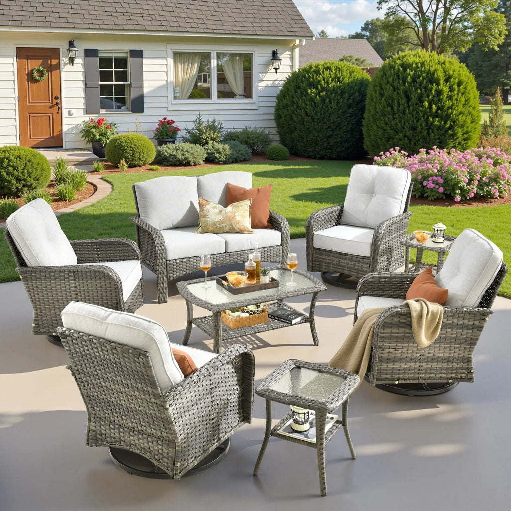 Nouveauté 2026 – Ensemble de mobilier de jardin 5 pièces Ovios , comprenant fauteuils pivotants et table basse, en résine tressée résistante aux intempéries, gris foncé
