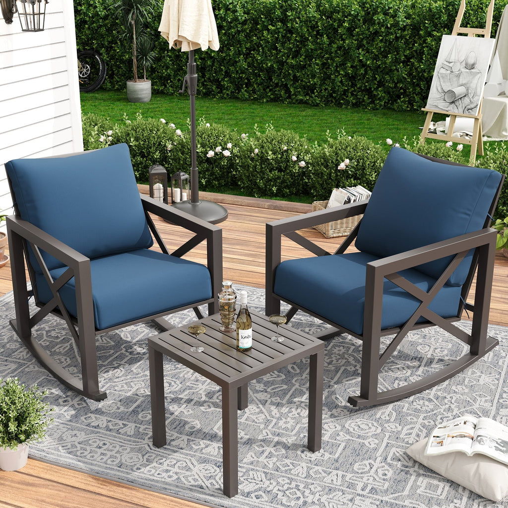 Nouveauté 2026 – Ensemble bistro MRUAKA , 3 pièces, comprenant 2 fauteuils à bascule et 1 table basse en métal avec coussins épais, idéal pour véranda, jardin ou bord de piscine, couleur beige