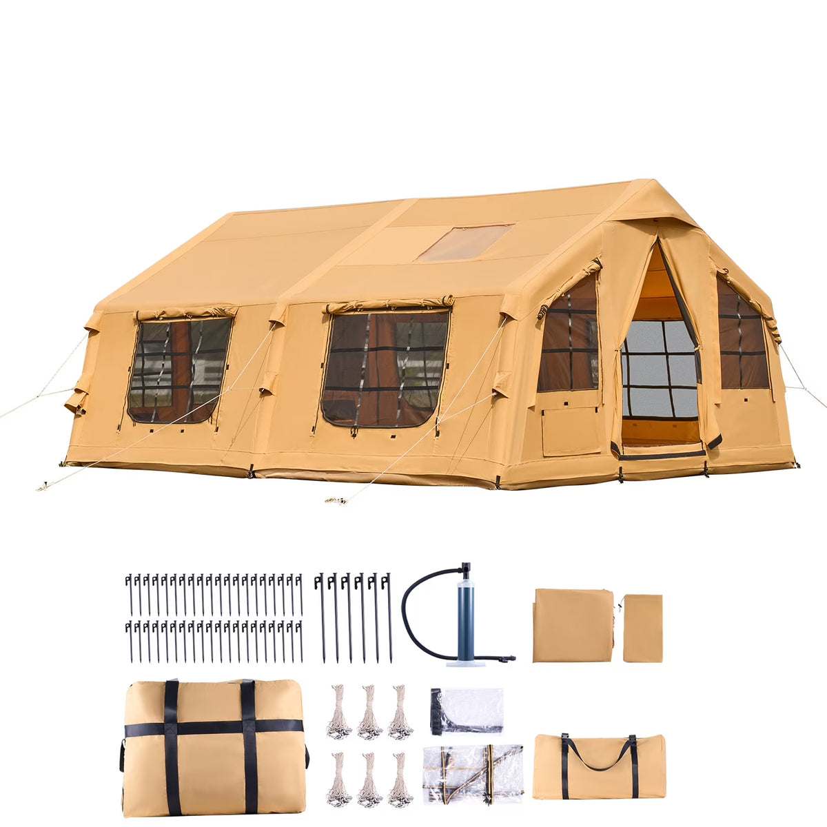 Nouveauté 2026 – Tente gonflable KFFKFF pour 8 à 12 personnes, 4,80 m x 3,60 m x 2,20 m, tente de glamping gonflable avec pompe manuelle, tente gonflable étanche, abri de camping toutes saisons avec double toit ouvrant et sortie pour poêle