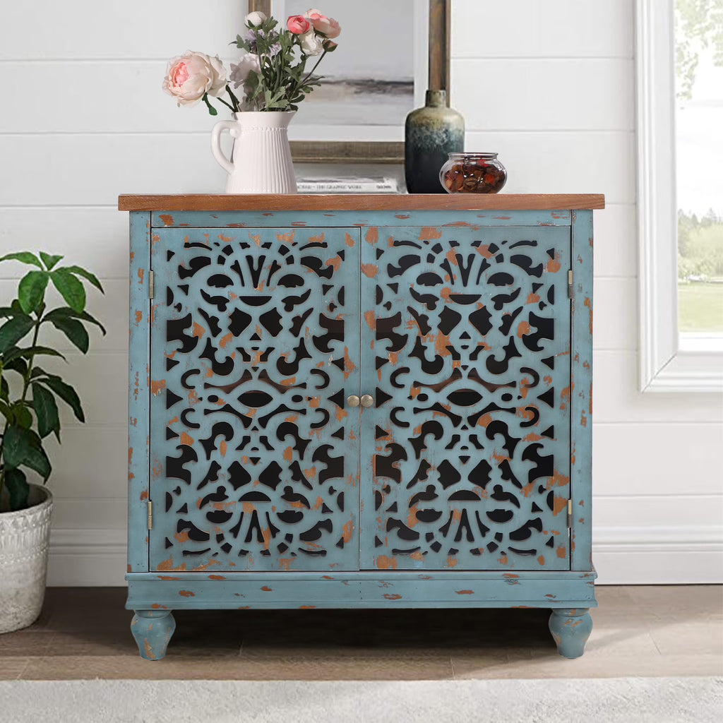 Nouveauté 2026 – Crédences et buffets sculptés creux Sophia & William , bois bleu, 2 étagères