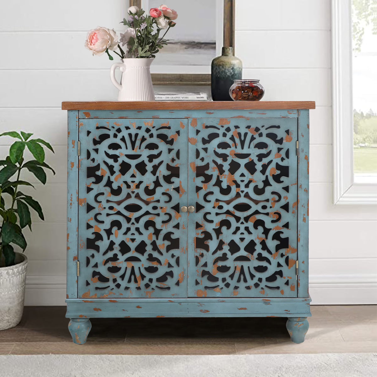 Nouveauté 2026 – Crédences et buffets sculptés creux Sophia & William , bois bleu, 2 étagères