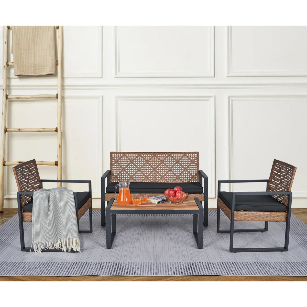 Nouveauté 2026 – Ensemble de mobilier de patio robuste , ensemble de conversation d'extérieur sectionnel 4 pièces, ensemble de canapé de patio en rotin PE marron avec coussins bleus