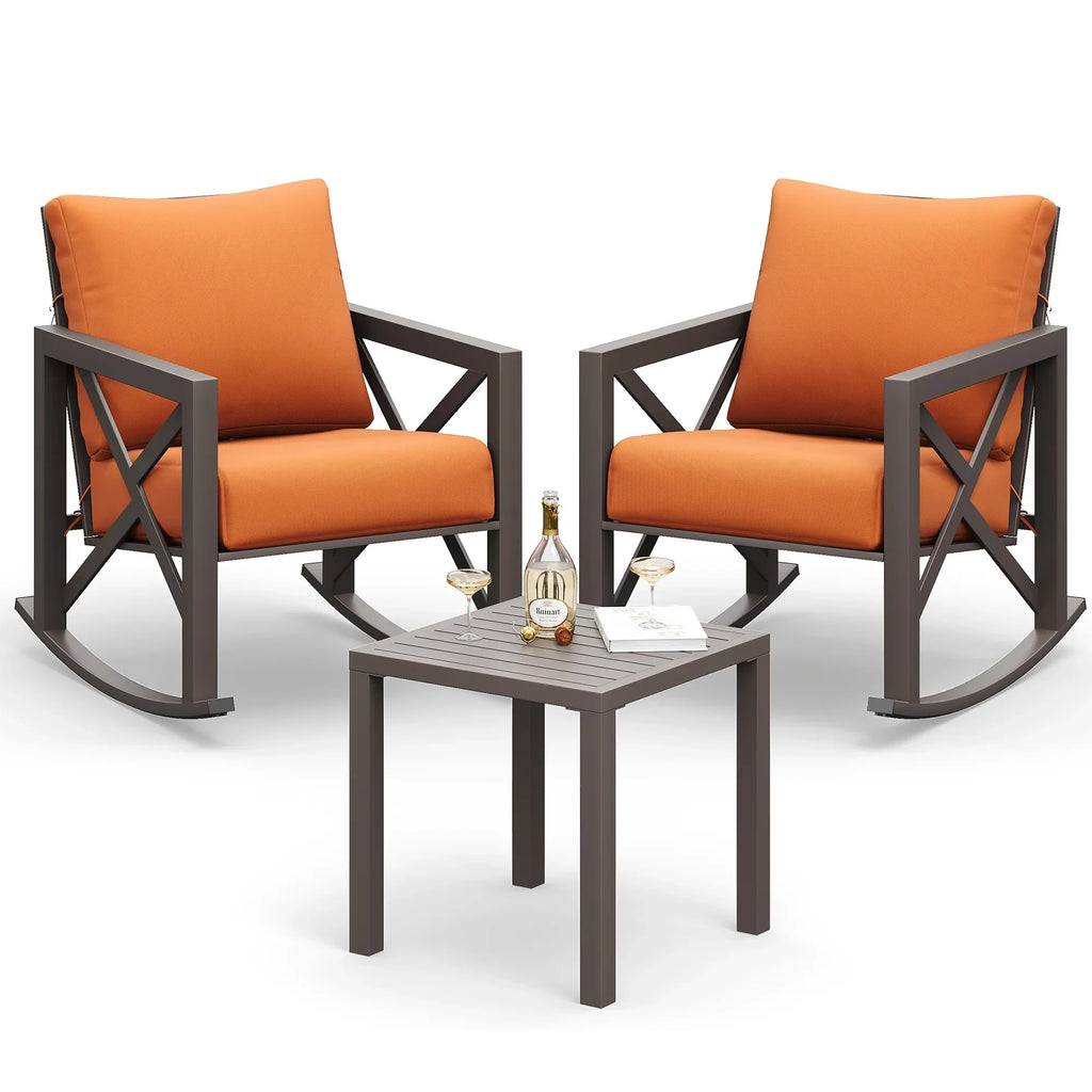 Nouveauté 2026 – Ensemble bistro MRUAKA , 3 pièces, comprenant 2 fauteuils à bascule et 1 table basse en métal avec coussins épais, idéal pour véranda, jardin ou bord de piscine, couleur beige