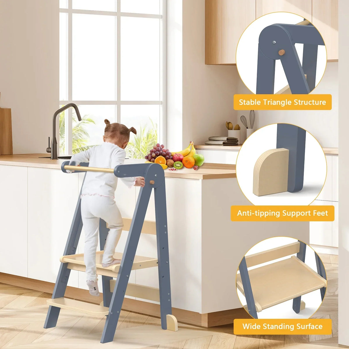 Nouveauté 2026 – Marchepied de cuisine JOZ pour tout-petits, tabouret d'apprentissage Montessori, tour pliable pour le comptoir, aide à la station debout pour les enfants, 3 hauteurs réglables, en bois, blanc