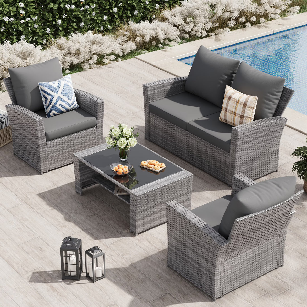 Nouveauté 2026 – Ensemble de mobilier de patio en résine tressée UDPATIO , ensemble de conversation d'extérieur 4 pièces, canapé de patio en rotin PE gris pour balcon, porche, jardin, gris