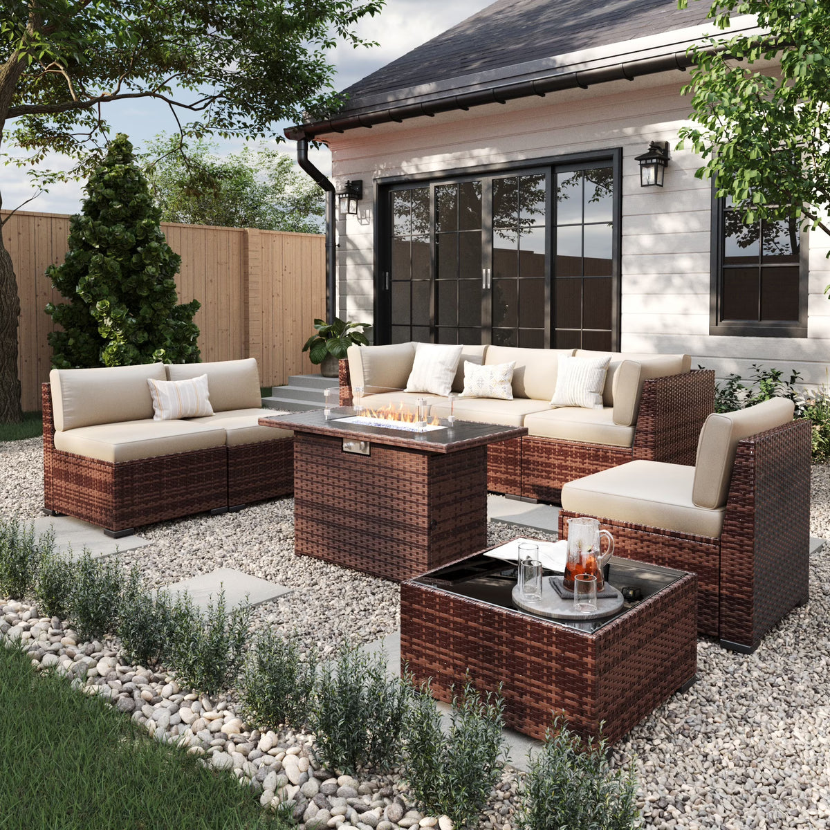 Nouveauté 2026 – Ensemble de mobilier de patio 7 pièces ELPOSUN , canapé d'angle en rotin gris foncé pour jardin