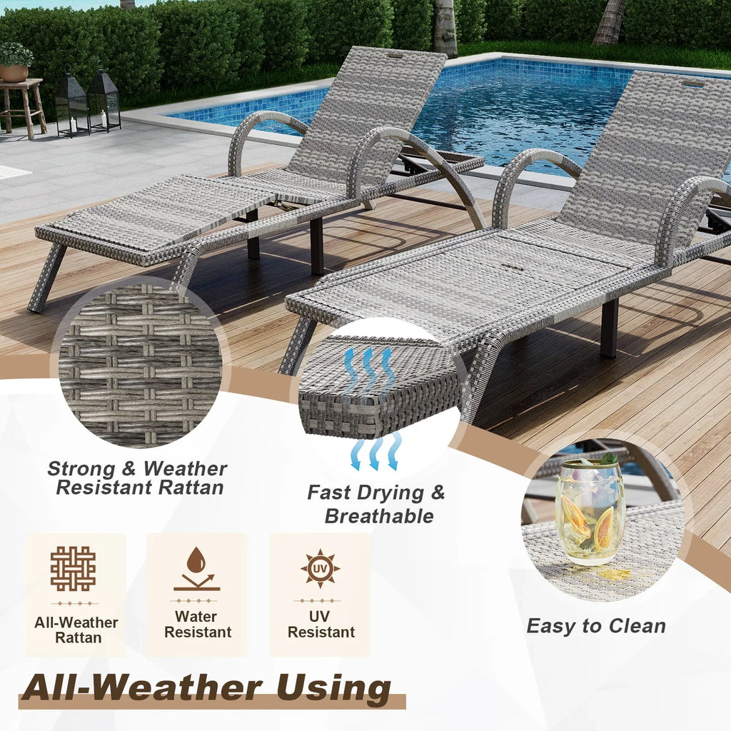 Nouveauté 2026 – MEISSALIVVE Ensemble de 4 chaises longues d'extérieur, chaises de piscine avec dossier réglable à 5 positions, chaise longue en rotin PE pour terrasse, porche et jardin (gris