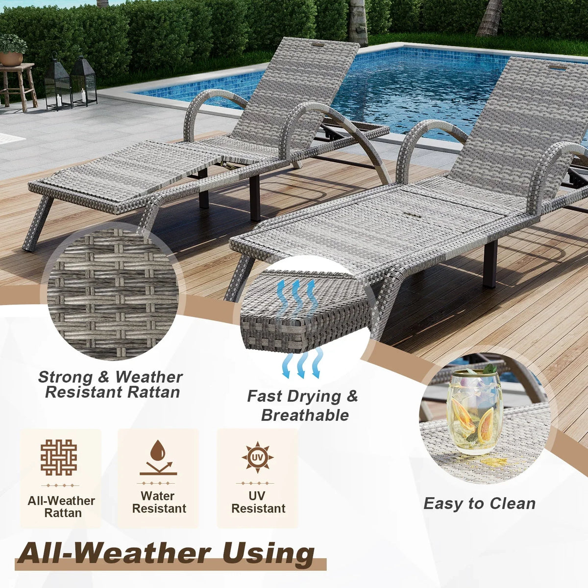 Nouveauté 2026 – MEISSALIVVE Ensemble de 4 chaises longues d'extérieur, chaises de piscine avec dossier réglable à 5 positions, chaise longue en rotin PE pour terrasse, porche et jardin (gris