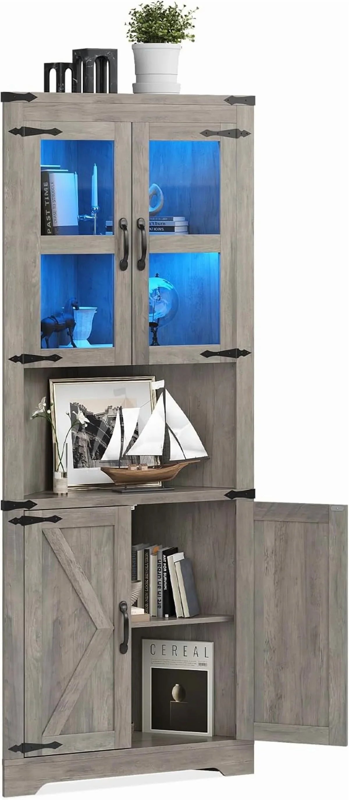 Nouveauté 2026 – Meuble de rangement d'angle de 170 cm de haut avec éclairage, style ferme, avec portes vitrées, en bois, pour cuisine, salon ou salle de bain, gris délavé