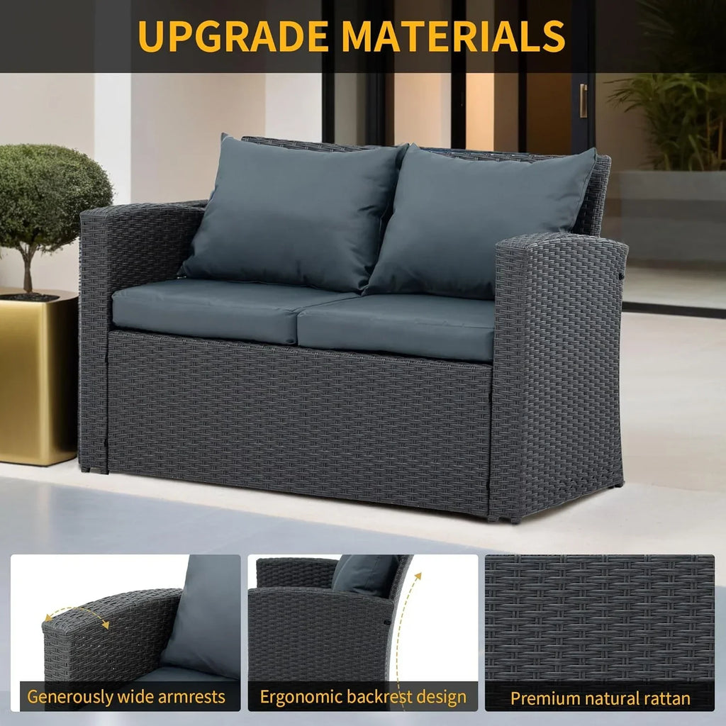 Nouveauté 2026 – Ensemble de mobilier de patio 7 pièces , canapé d'angle en rotin PE, ensemble de conversation avec coussins et table basse en verre, pour balcon, pelouse et jardin, gris