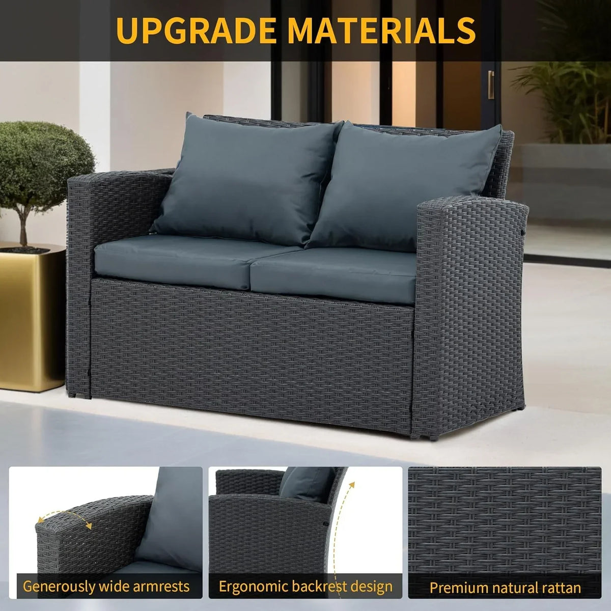 Nouveauté 2026 – Ensemble de mobilier de patio 7 pièces , canapé d'angle en rotin PE, ensemble de conversation avec coussins et table basse en verre, pour balcon, pelouse et jardin, gris