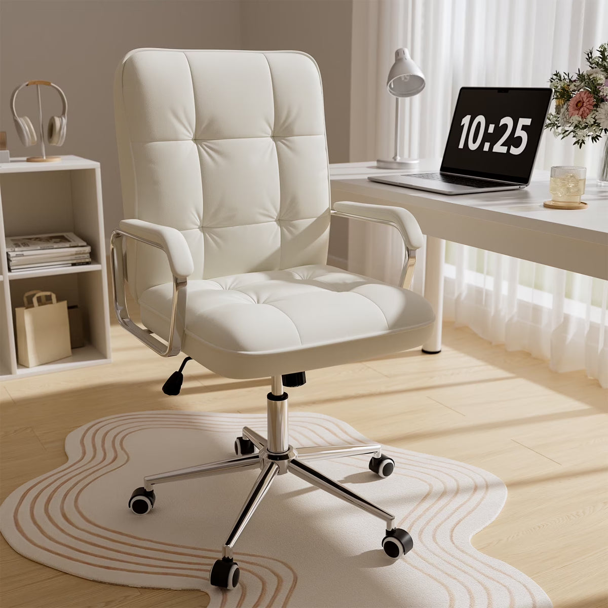 Nouveauté 2026 – Fauteuil de bureau Solfway blanc , fauteuil de bureau pivotant en cuir avec roulettes et accoudoirs rembourrés, fauteuil de direction pour adultes