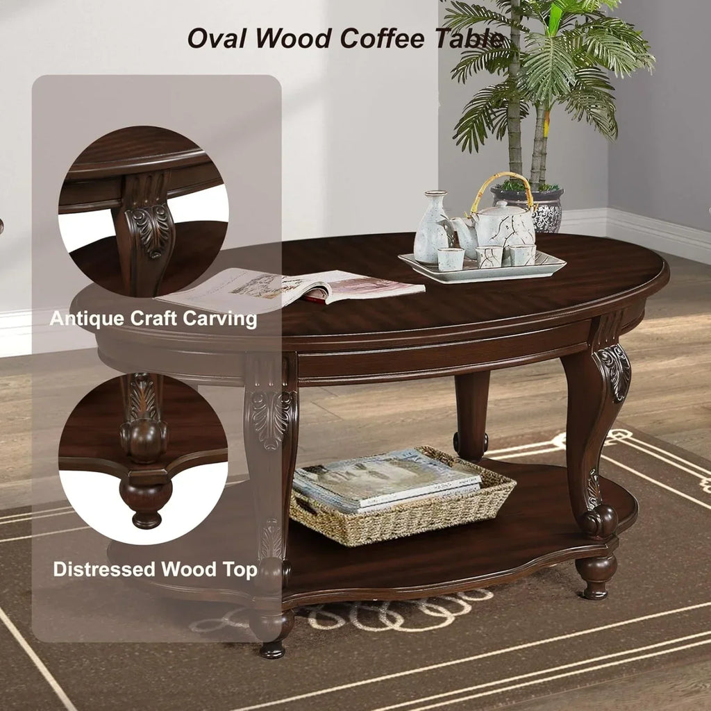 Nouveauté 2026 – Table basse ovale 42" avec étagère de rangement, table basse à deux niveaux en bois massif, style rétro traditionnel pour salon, supporte jusqu'à 181 kg, couleur cerisier