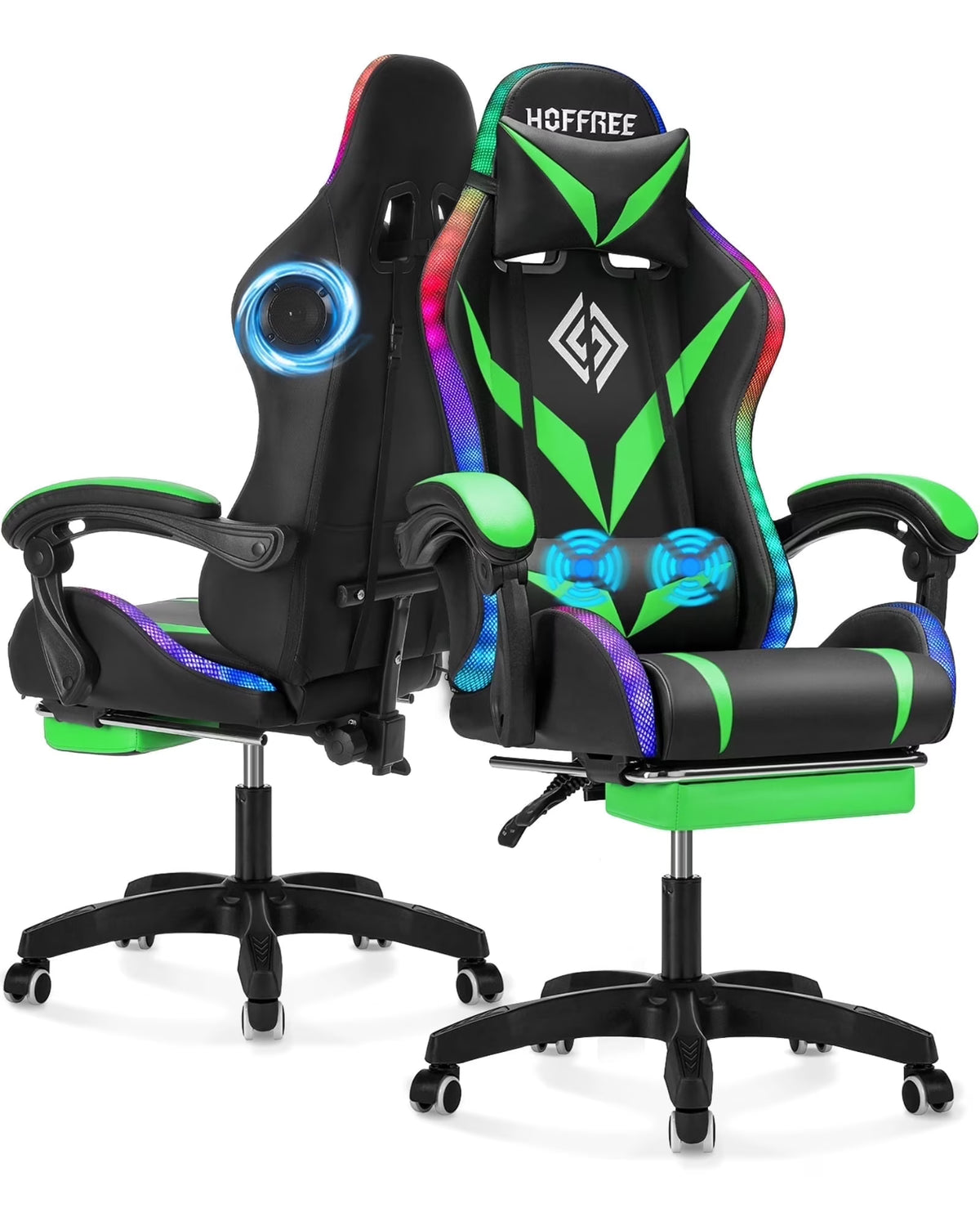 Nouveauté 2026 – Fauteuil de jeu Hoffree avec haut-parleurs intégrés, en cuir PU, repose-pieds et éclairage LED. Fauteuil ergonomique pour gamer avec massage, soutien lombaire et appui-tête pivotant et réglable. Idéal pour le télétravail et le bureau
