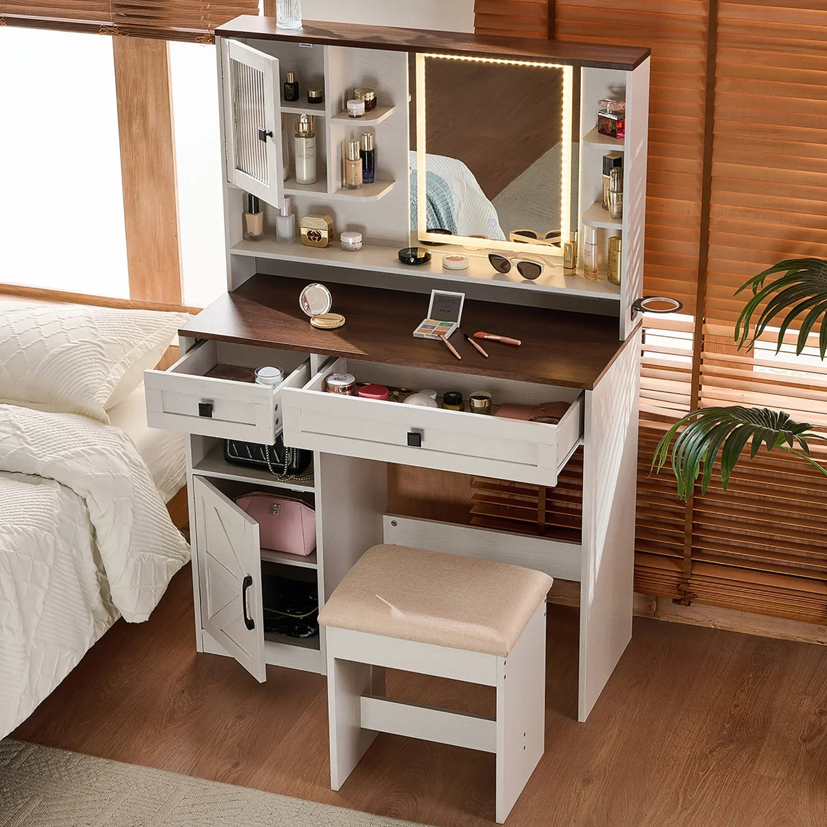 Nouveauté 2026 – Coiffeuse Farmhouse avec miroir et éclairage, ensemble coiffeuse avec station de charge et tabouret, tiroirs, étagères et armoire latérale, blanc