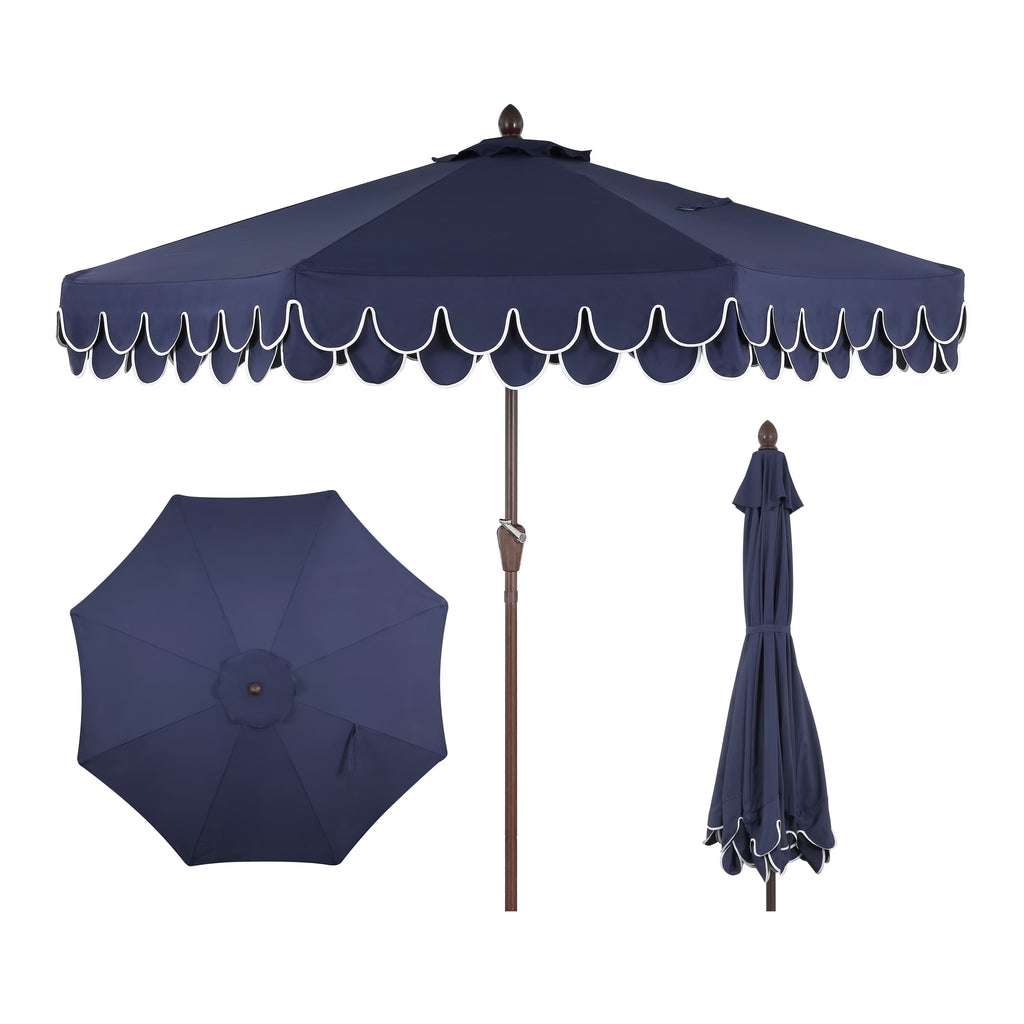 Nouveauté 2026 – Parasol de marché JONATHAN Y Tracy 2,74 m (9 pi), style classique milieu du siècle, franges festonnées, manivelle d'inclinaison automatique, aération et protection UV, rose corail/blanc, mât marron foncé