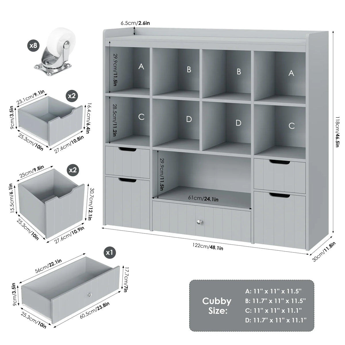 Nouveauté 2026 – Coffre de rangement pour jouets Homfa avec compartiments, tiroirs amovibles, bibliothèque pour chambre ou salon, gris