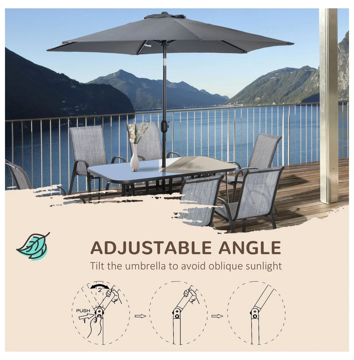 Nouveauté 2026 – Ensemble de salle à manger d'extérieur 8 pièces avec parasol, table et chaises de patio, tissu à séchage rapide, 6 chaises, gris