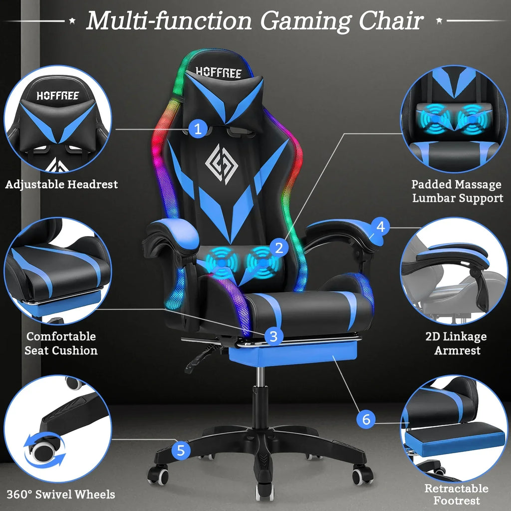 Nouveauté 2026 – Fauteuil de jeu Hoffree avec haut-parleurs intégrés, en cuir PU, repose-pieds et éclairage LED. Fauteuil ergonomique pour gamer avec massage, soutien lombaire et appui-tête pivotant et réglable. Idéal pour le télétravail et le bureau