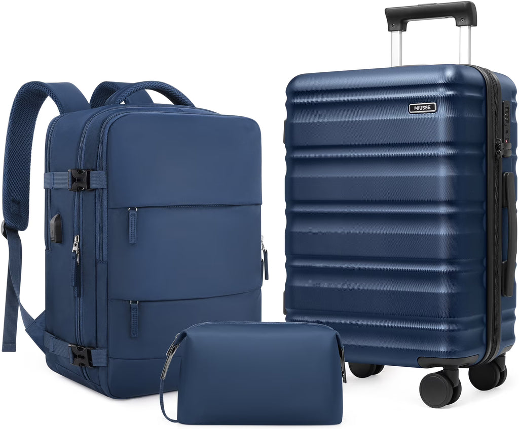 Nouveauté 2026 – Ensemble de bagages MIUSSE , 3 pièces : valise cabine 20 pouces à roulettes, coque rigide 100 % PC avec serrure TSA, conforme aux normes des compagnies aériennes, avec sac à dos de voyage pour hommes et femmes