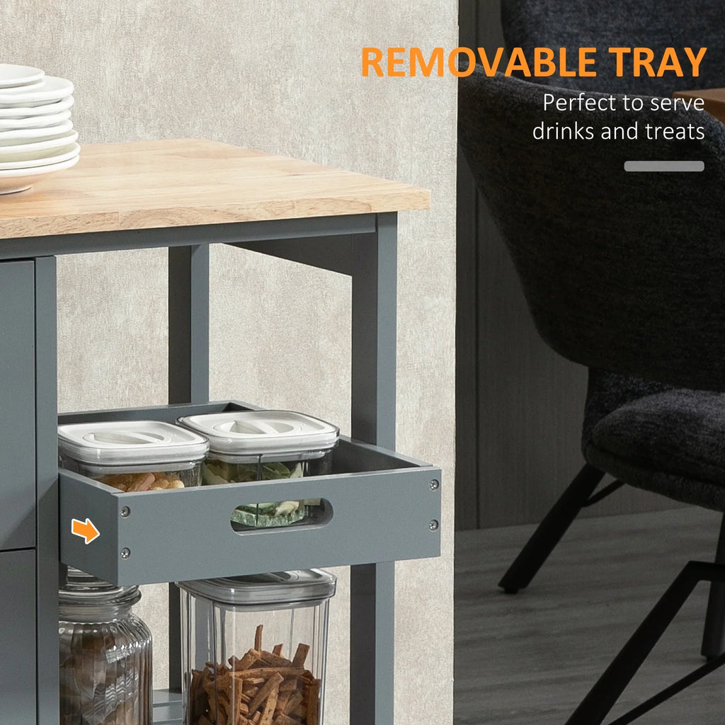 Nouveauté 2026 – Îlot de cuisine roulant HOMCOM , chariot de service de bar, chariot compact sur roulettes avec plateau en bois, étagères et tiroirs pour salle à manger, gris