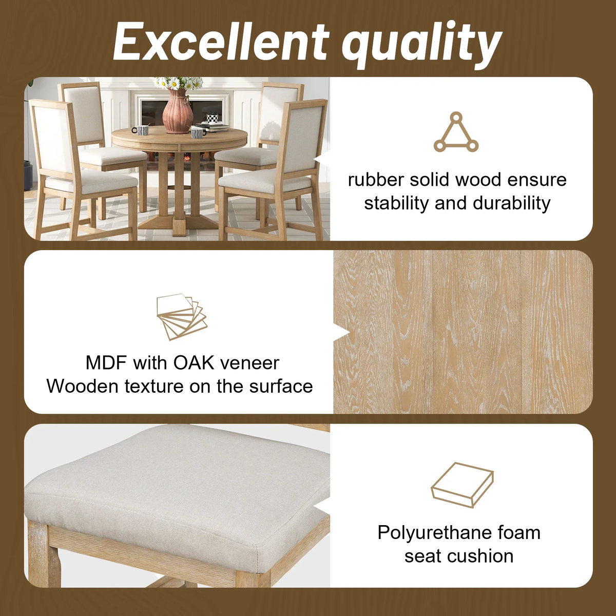 Nouveauté 2026 – Ensemble de salle à manger rond 5 pièces , comprenant une table extensible et 4 chaises rembourrées, en bois, pour 4 personnes. Style campagnard, idéal pour la cuisine, la salle à manger ou un appartement. Couleur : marron