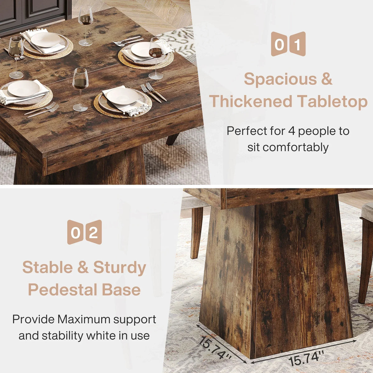 Nouveauté 2026 – Table de salle à manger carrée Tribesigns pour 4 personnes, 80 cm (31,5 pouces), petite table de cuisine avec pied central robuste, style ferme, idéale pour la salle à manger, le salon ou la cuisine, couleur marron vintage