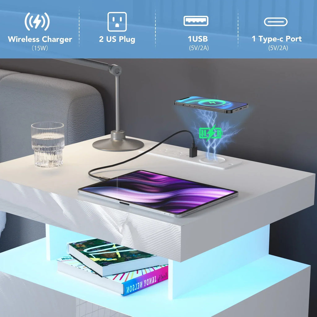 Nouveauté 2026 – Table de chevet LED Hommpa avec station de charge sans fil, ports USB Type-C, 3 tiroirs, finition laquée noire, style moderne et élégant, hauteur 68 cm (26,8 pouces). Idéale pour la chambre à coucher
