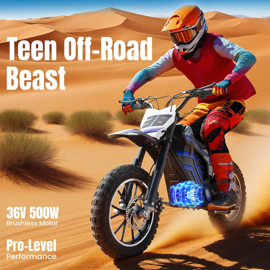 Nouveauté 2026 – Moto tout-terrain électrique QEASET , 500 W, pour enfants (garçons et filles) de 8 à 14 ans, bleue