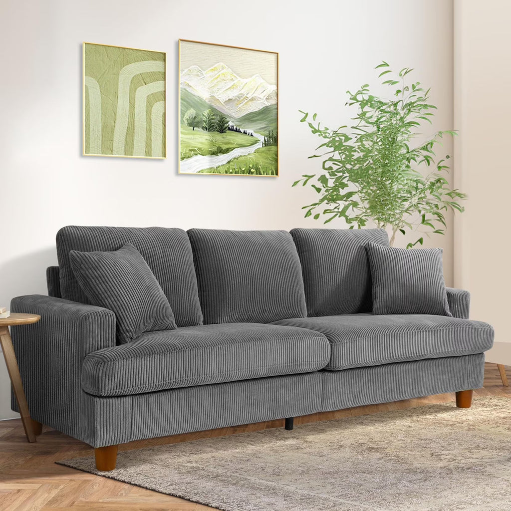 Nouveauté 2026 – Canapé 3 places en velours côtelé 221 cm (87 pouces), avec assises extra profondes, confortable et rembourré, idéal pour le salon. Comprend 2 coussins et est disponible en vert