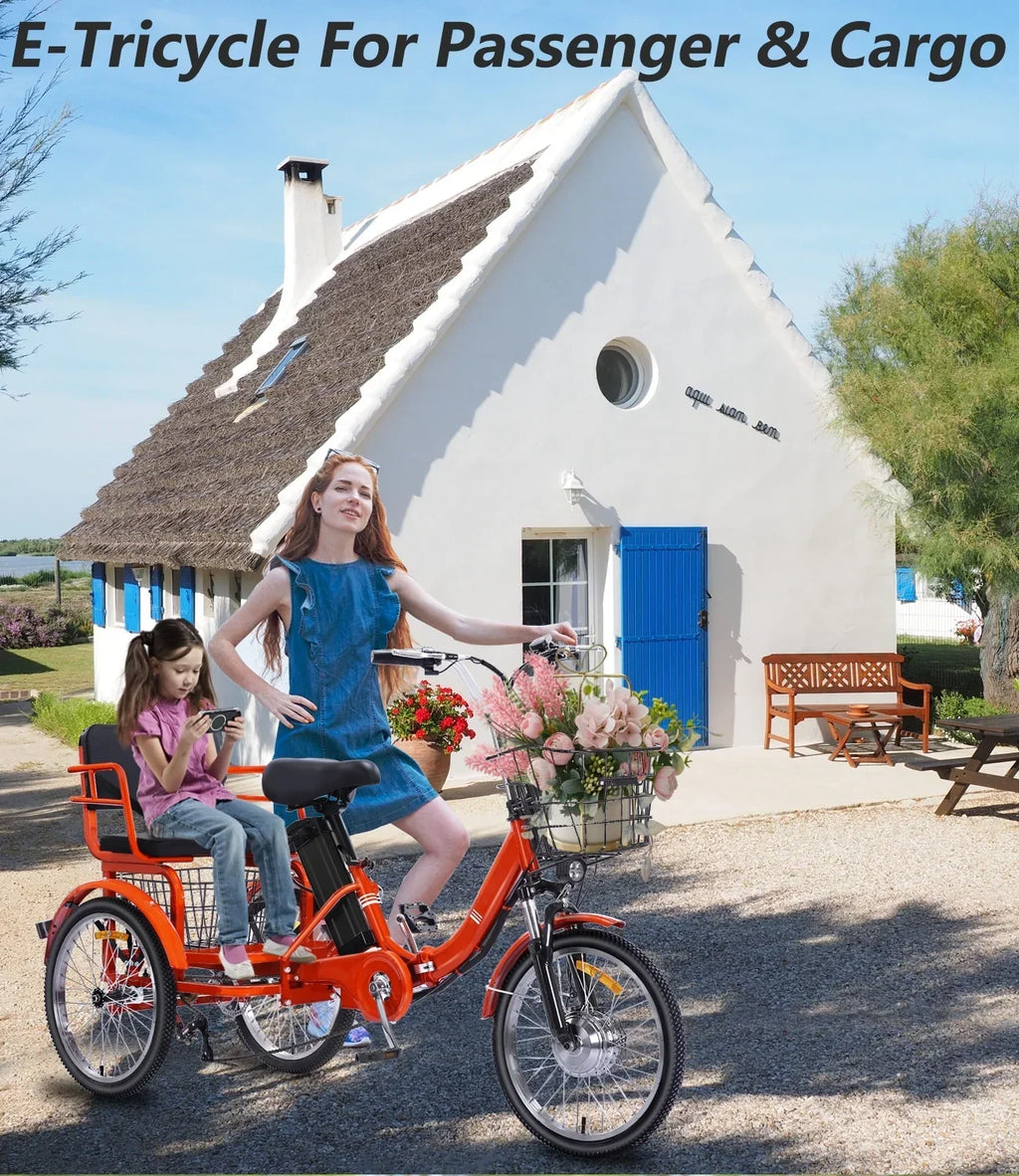 Nouveauté 2026 – Tricycle électrique NOMIGO pour adultes, pliable, à 3 roues, deux places, grand panier, moteur sans balais ultra-puissant de 350 W, batterie lithium 48 V 13 Ah, vitesse maximale de 32 km/h, orange
