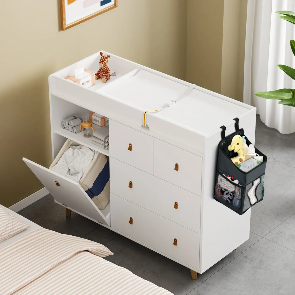 Nouveauté 2026 – Table à langer/commode pour chambre de bébé OXYLIFE , 114 cm (45 po), avec 4 tiroirs et une étagère, blanche