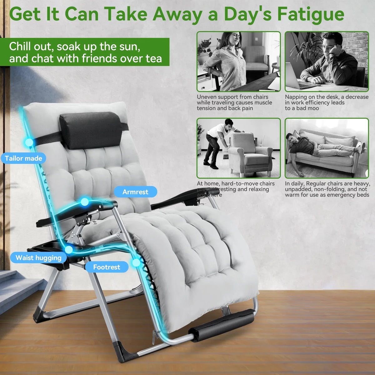 Nouveauté 2026 – Fauteuil zéro gravité surdimensionné VECUKTY XXL - Capacité de 227 kg, siège rembourré de 84 cm de large, fauteuil de voyage pliable pour une utilisation intérieure/extérieure - Terrasse, pelouse, noir, portable et robuste
