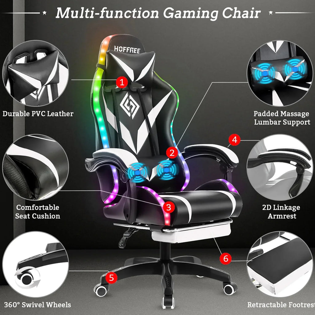 Nouveauté 2026 – Fauteuil de jeu Hoffree avec haut-parleurs intégrés, en cuir PU, repose-pieds et éclairage LED. Fauteuil ergonomique pour gamer avec massage, soutien lombaire et appui-tête pivotant et réglable. Idéal pour le télétravail et le bureau