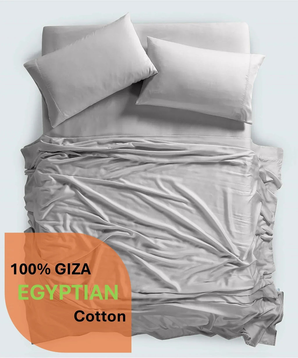 Nouveauté 2026 – Parure de lit 4 pièces en coton égyptien Giza 100 % (600 fils/cm²), drap-housse à bonnet profond de 38 cm, satin doux et respirant - Noir, 1 place