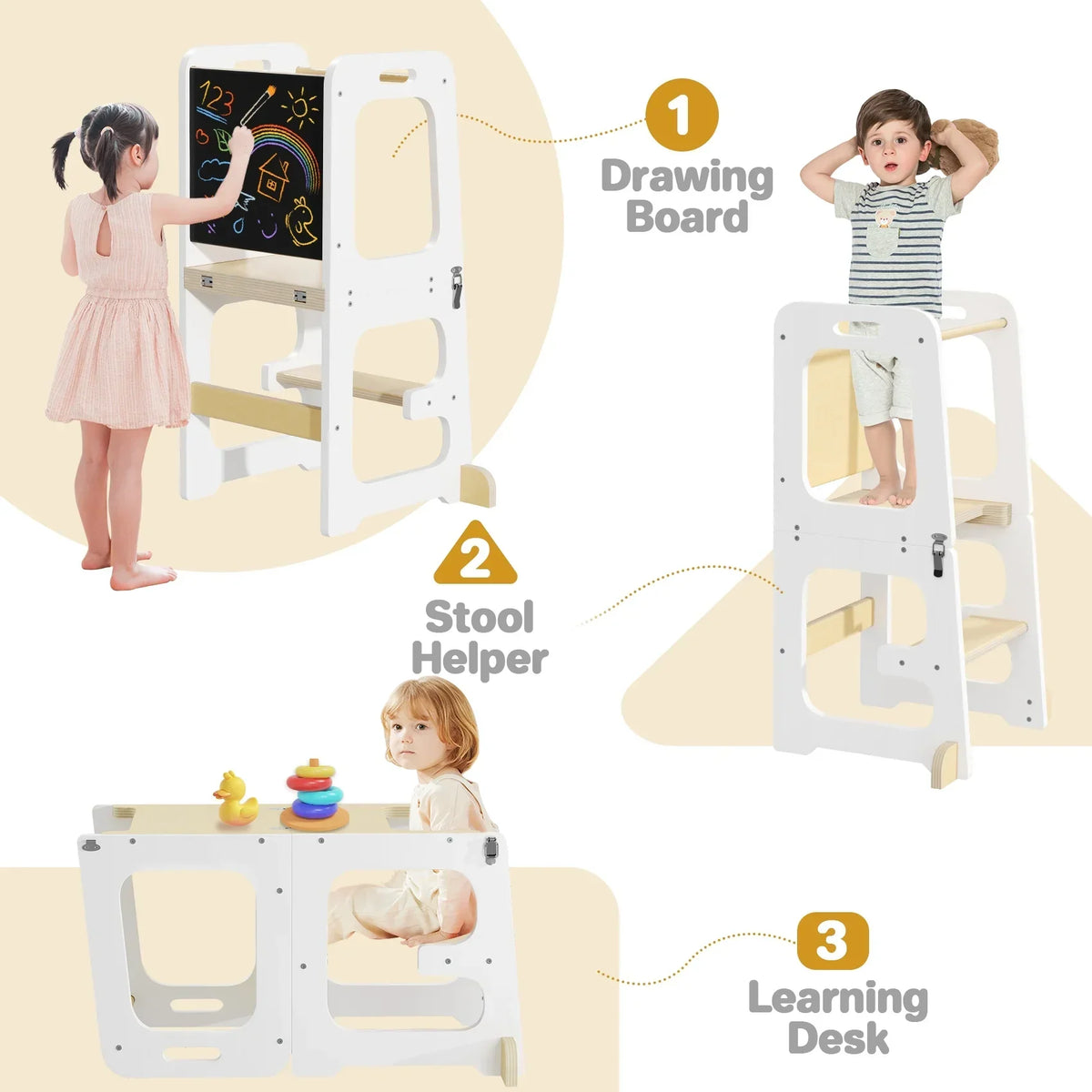 Nouveauté 2026 – Marchepied de cuisine JOZ pour tout-petits, tabouret d'apprentissage Montessori, tour pliable pour le comptoir, aide à la station debout pour les enfants, 3 hauteurs réglables, en bois, blanc