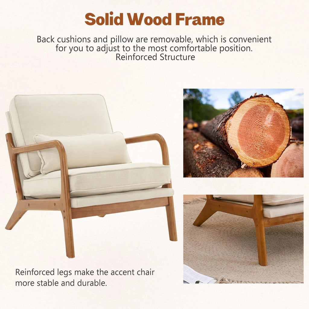 Nouveauté 2026 – Fauteuil de lecture Accent Chairs , fauteuil lounge en lin avec structure en bois massif, style moderne du milieu du siècle, montage facile, pour salon - Beige