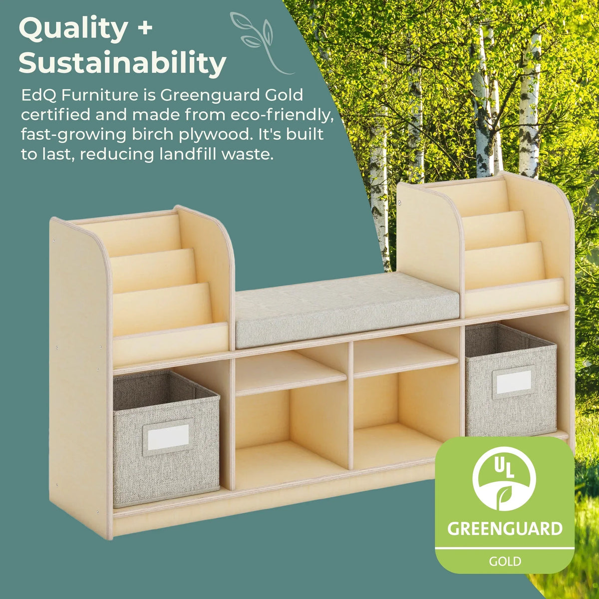 Nouveauté 2026 – Coin lecture EdQ de Guidecraft - Naturel : Banc de lecture en bois pour chambre d'enfant, étagère à livres, rangement pour jouets et cubes de rangement