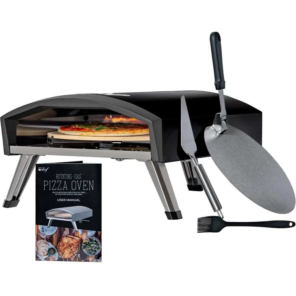 Nouveauté 2026 – Four à pizza à gaz d'extérieur Deco Chef , modèle pliable et portable, pierre de cuisson auto-rotative facile à utiliser, noir