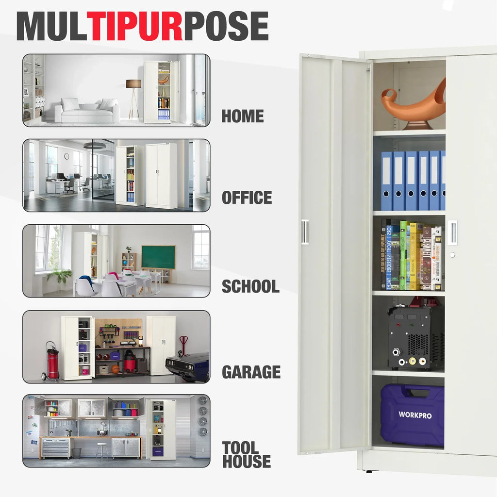 Nouveauté 2026 – Armoire de rangement métallique WORKPRO avec portes verrouillables et étagères réglables, hauteur 180 cm (71 pouces), idéale pour les outils, le bureau, la maison et les ateliers (noir), emballage soigné