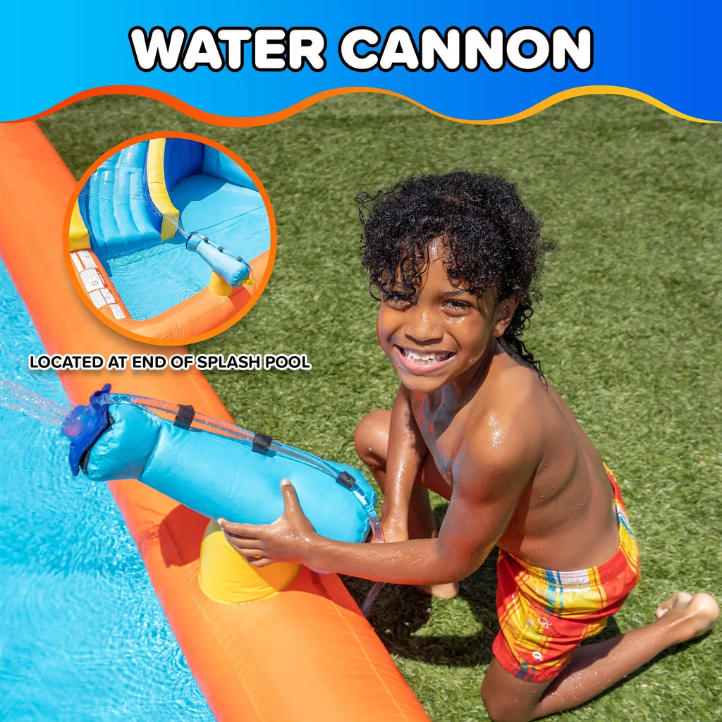 Nouveauté 2026 – Toboggan aquatique gonflable Sportspower® Big Wave II avec mur d'escalade et pataugeoire, 3-8 ans, ultra-résistant, certifié ASTM, garantie à vie sur le souffleur inclus
