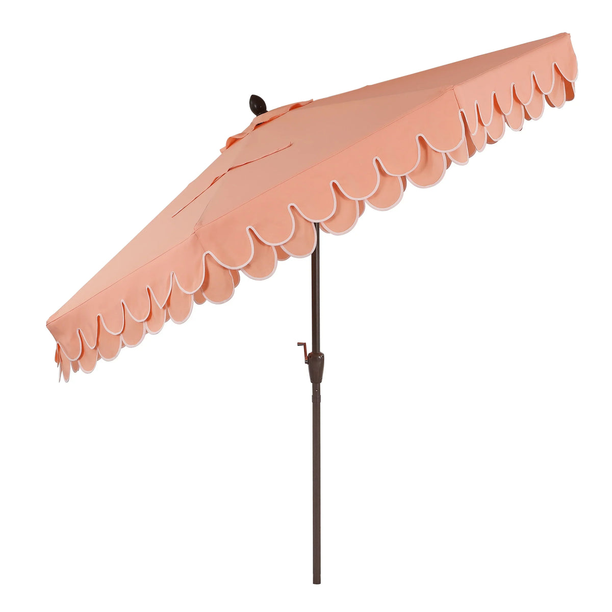 Nouveauté 2026 – Parasol de marché JONATHAN Y Tracy 2,74 m (9 pi), style classique milieu du siècle, franges festonnées, manivelle d'inclinaison automatique, aération et protection UV, rose corail/blanc, mât marron foncé