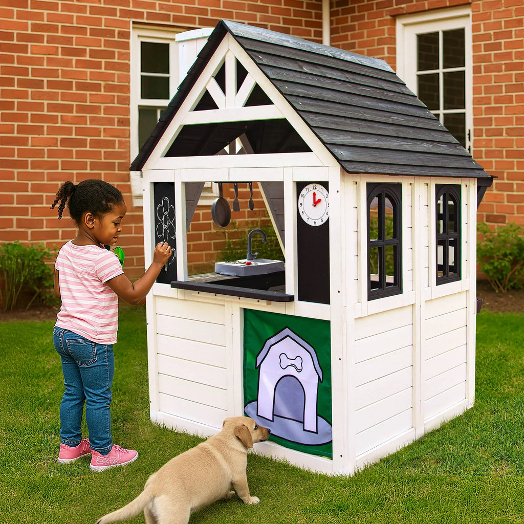Nouveauté 2026 – Maisonnette d'extérieur COCLUB pour enfants de 4 à 8 ans, en bois, avec sonnette, téléphone et jouets de cuisine. Dimensions : 114 cm (L) x 165 cm (H). Couleurs : blanc et noir