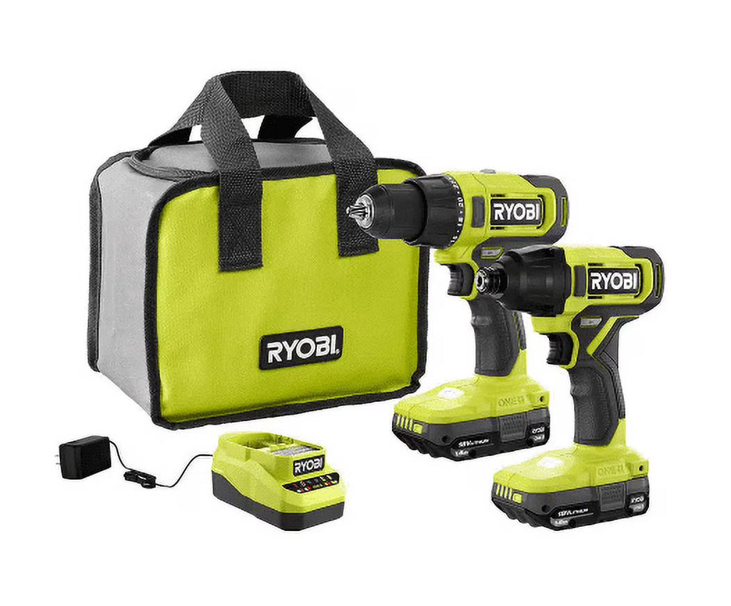 Nouveauté 2026 – Kit combiné sans fil RYOBI ONE+ 18 V comprenant une perceuse-visseuse, une visseuse à percussion, deux batteries de 1,5 Ah et un chargeur
