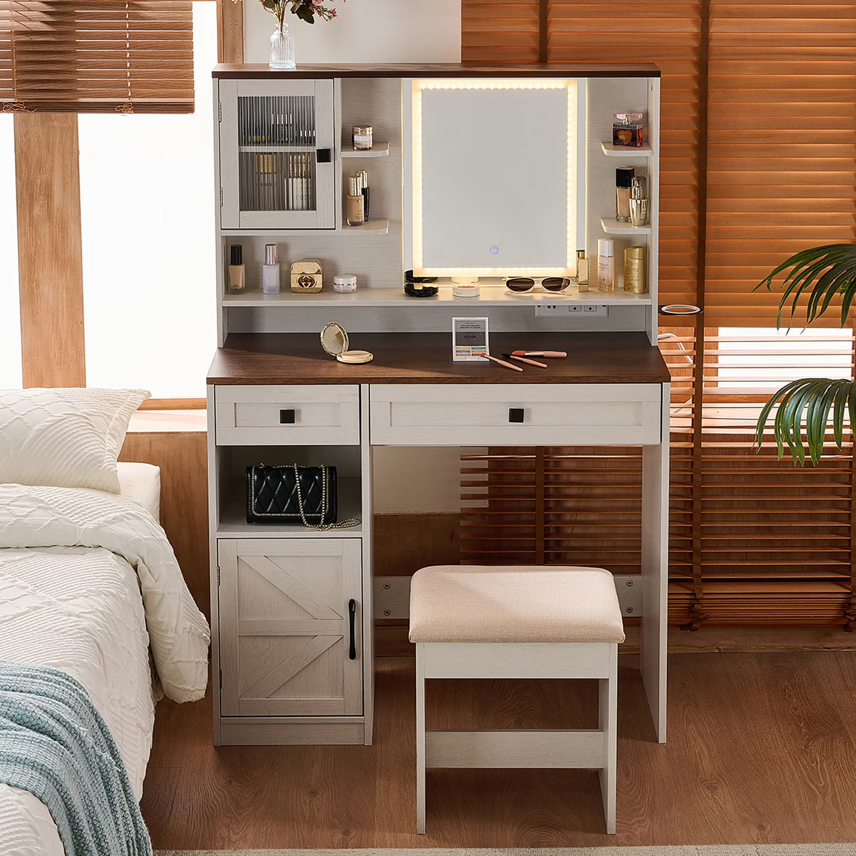 Nouveauté 2026 – Coiffeuse Farmhouse avec miroir et éclairage, ensemble coiffeuse avec station de charge et tabouret, tiroirs, étagères et armoire latérale, blanc